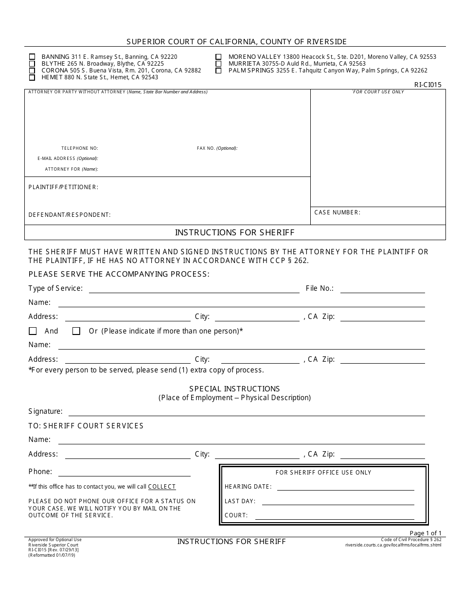 Form RI-CI015 Instructions for Sheriff - County of Riverside, California, Page 1