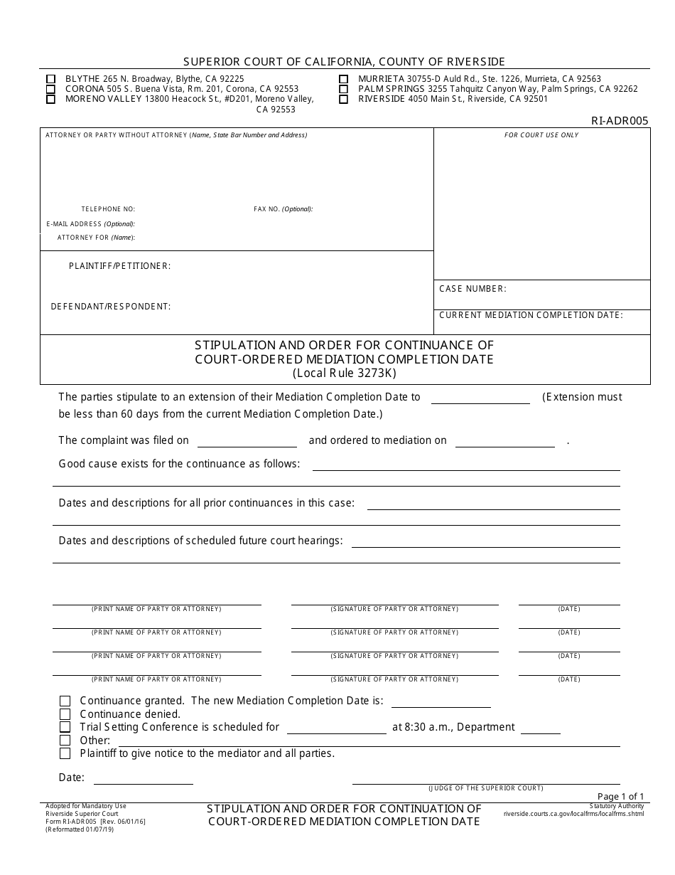 Form RI-ADR005 Stipulation and Order for Continuance of Court-Ordered Mediation Completion Date - County of Riverside, California, Page 1