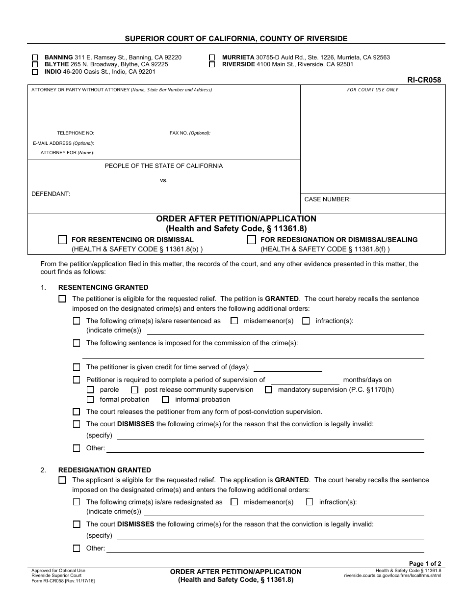 Form RI-CR058 Order After Petition / Application - County of Riverside, California, Page 1