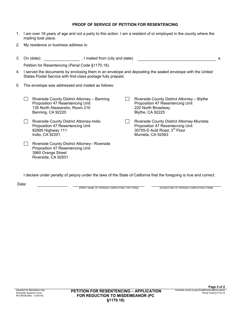 Form RI-CR039 Petition for Resentencing - Application for Reduction to Misdemeanor - County of Riverside, California, Page 2