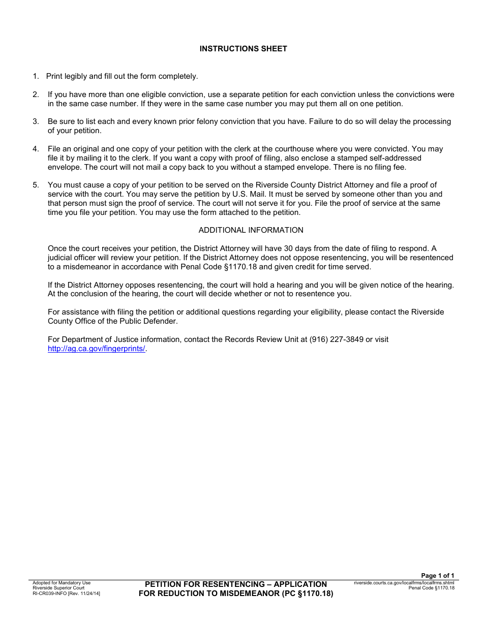 Form RI-CR039 Petition for Resentencing - Application for Reduction to Misdemeanor - County of Riverside, California, Page 3