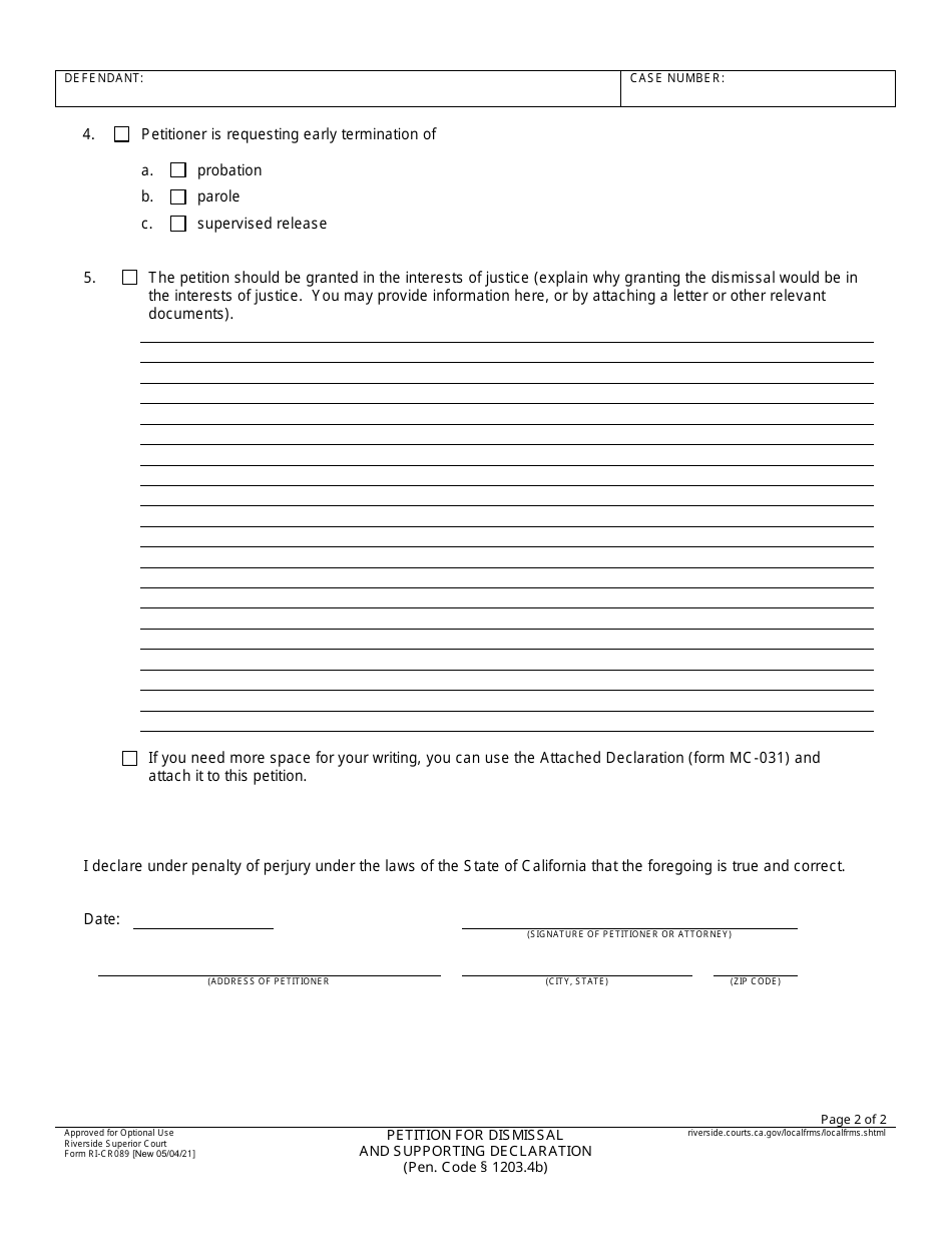 Form RI-CR089 Petition for Dismissal and Supporting Declaration - County of Riverside, California, Page 2