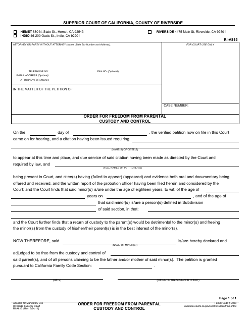 Form RI-A815 Order for Freedom From Parental Custody and Control - County of Riverside, California