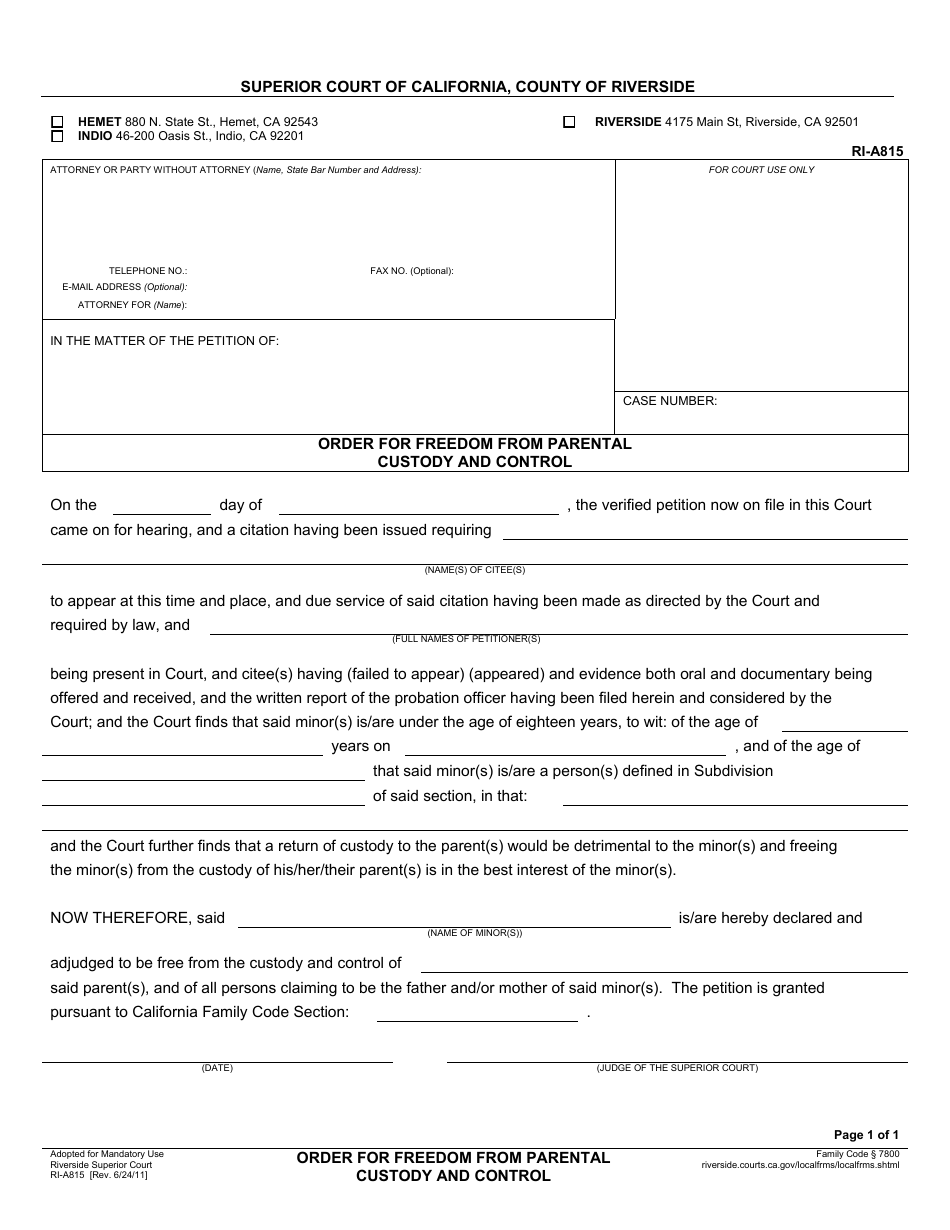 Form RI-A815 Order for Freedom From Parental Custody and Control - County of Riverside, California, Page 1