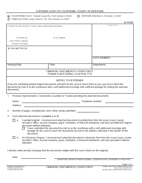 Form RI-PR060 Financial Document(S) Cover Sheet - County of Riverside, California