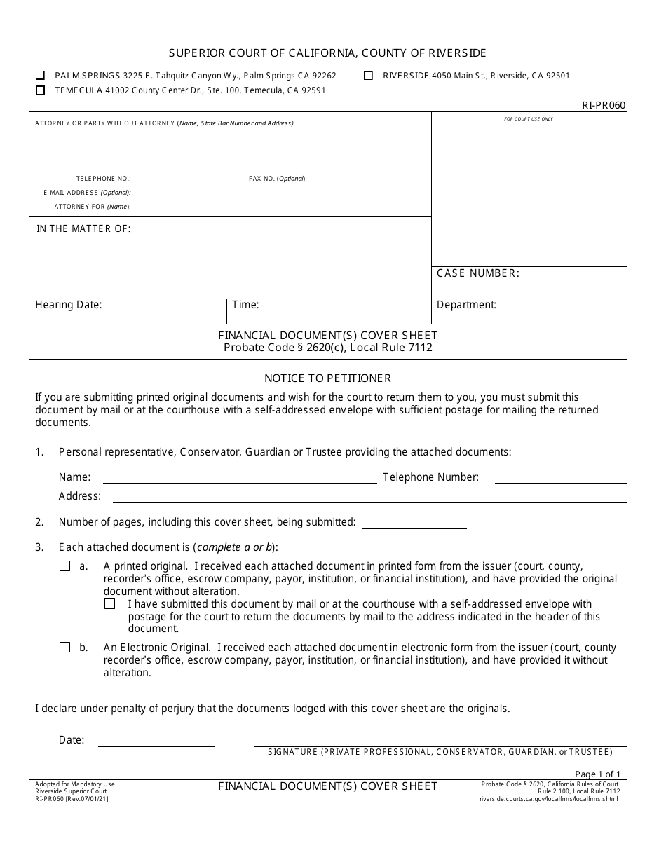 Form RI-PR060 Financial Document(S) Cover Sheet - County of Riverside, California, Page 1