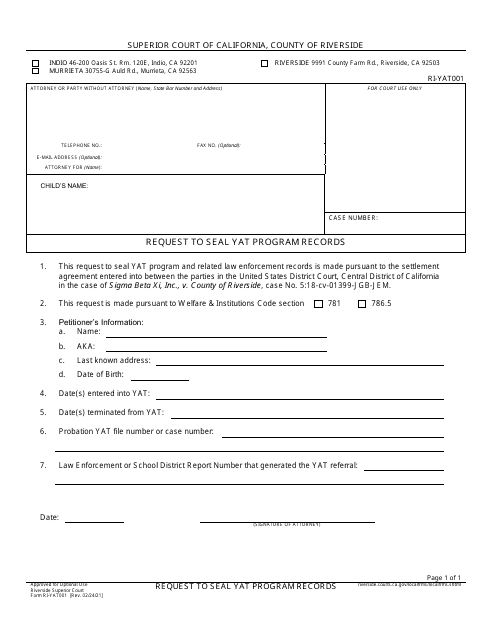 Form RI-YAT001 Request to Seal Yat Program Records - County of Riverside, California