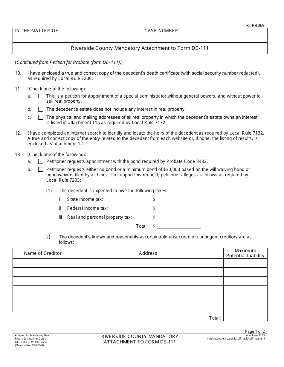 Form RI-PR069 Riverside County Mandatory Attachment to Form De-111 - County of Riverside, California, Page 1