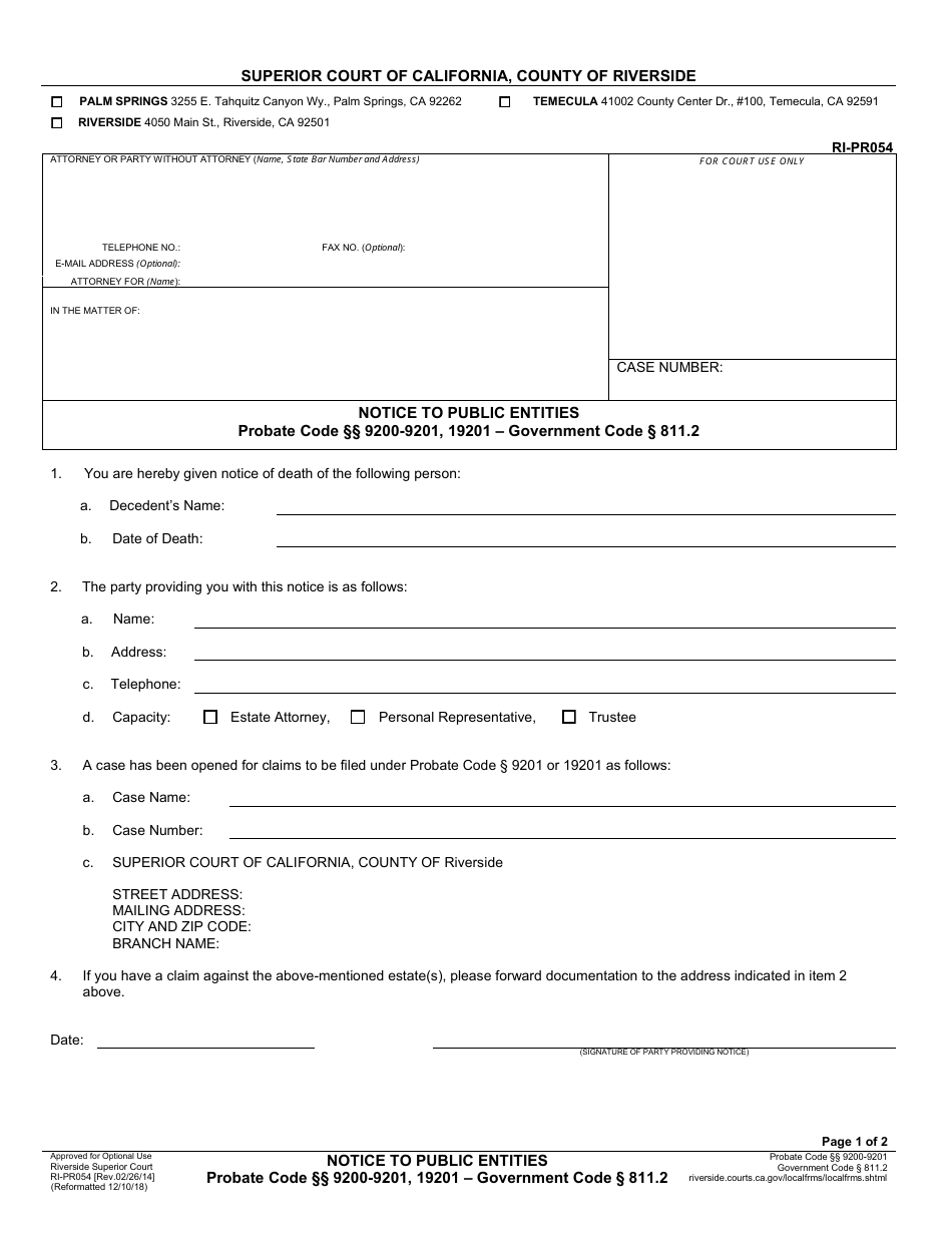Form RI-PR054 Notice to Public Entities - County of Riverside, California, Page 1