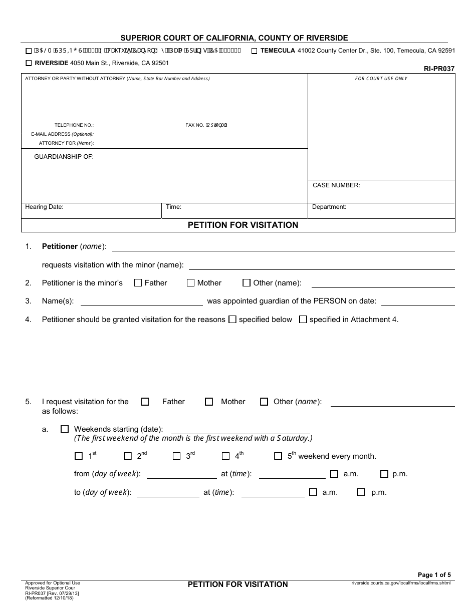 Form RI-PR037 Petition for Visitation - County of Riverside, California, Page 1