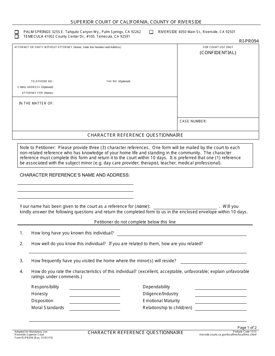 Form RI-PR094 Character Reference Questionnaire - County of Riverside, California, Page 1