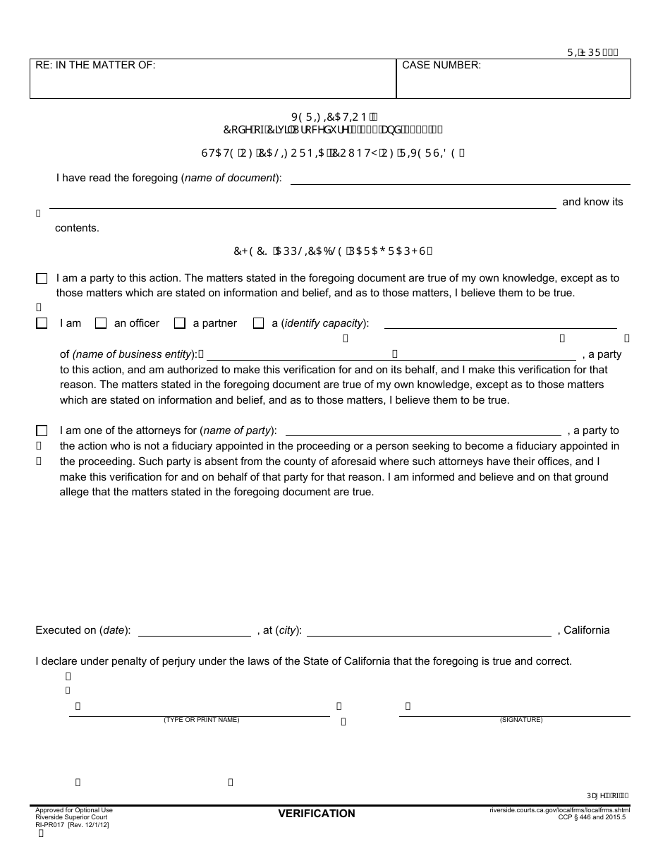 Form RI-PR017 Verification - County of Riverside, California, Page 1