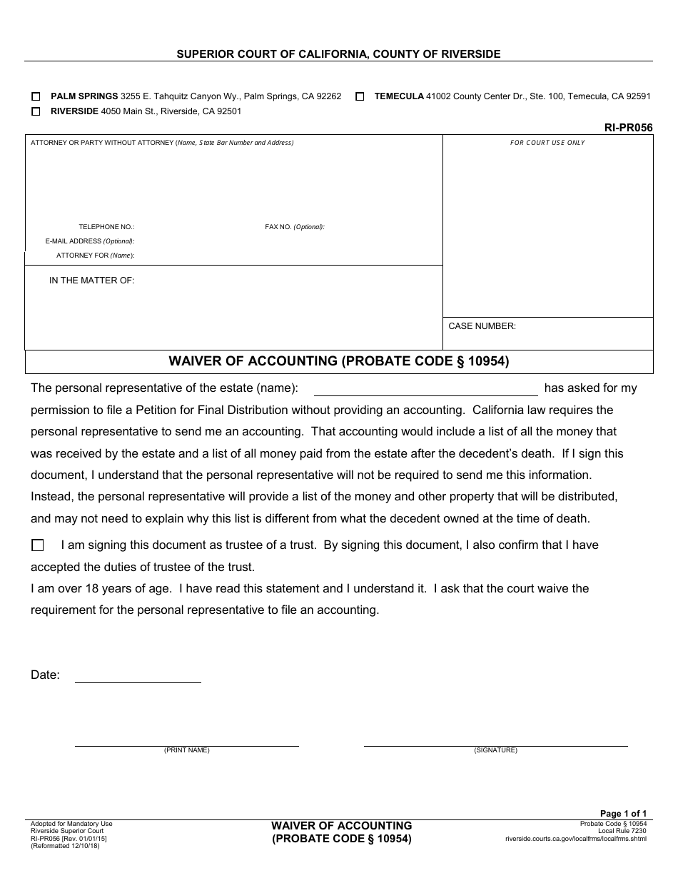 Form RI-PR056 Waiver of Accounting (Probate Code 10954) - County of Riverside, California, Page 1