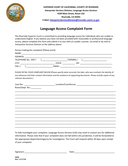 Form IN006 Language Access Complaint Form - County of Riverside, California