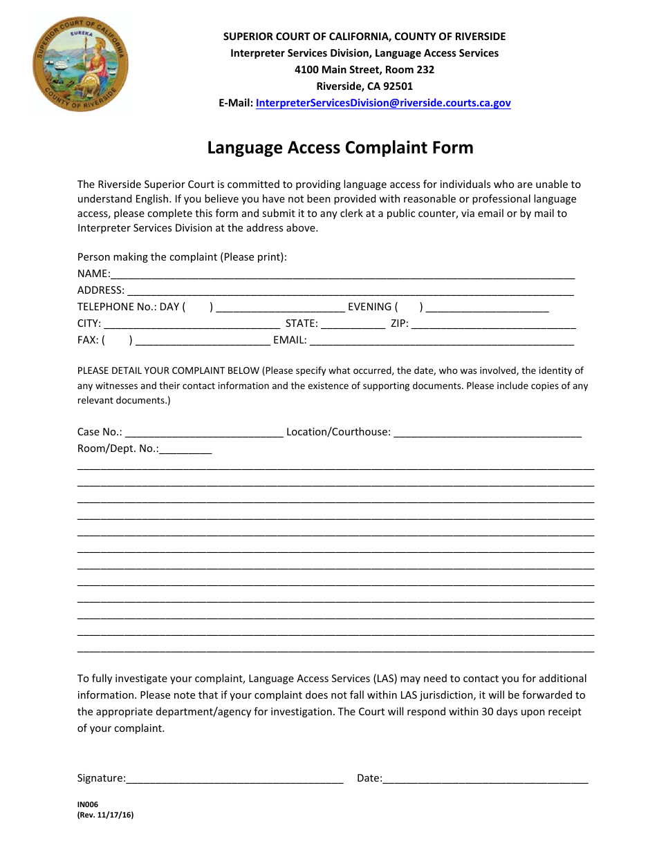 Form IN006 Language Access Complaint Form - County of Riverside, California, Page 1