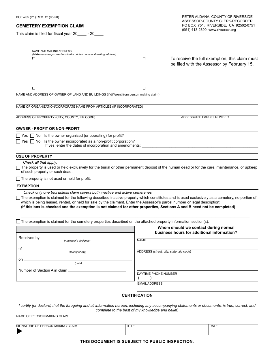 Form BOE-265 Cemetery Exemption Claim - County of Riverside, California, Page 1