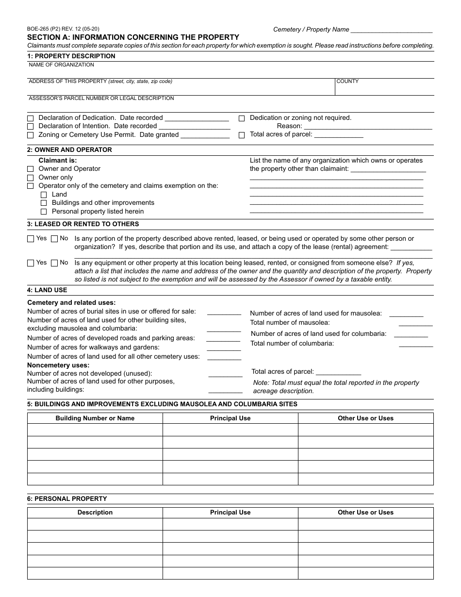 Form BOE-265 Cemetery Exemption Claim - County of Riverside, California, Page 2
