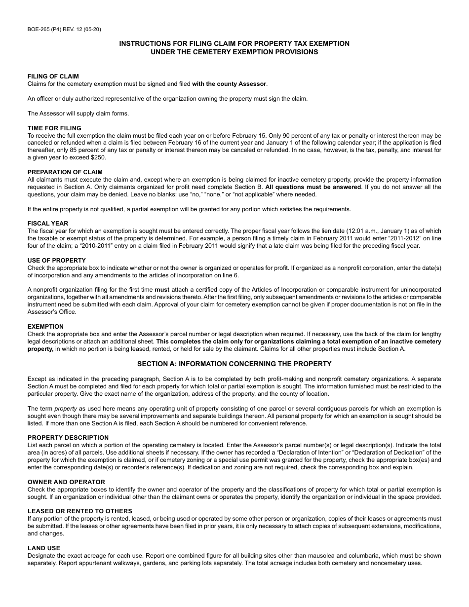 Form BOE-265 Cemetery Exemption Claim - County of Riverside, California, Page 4