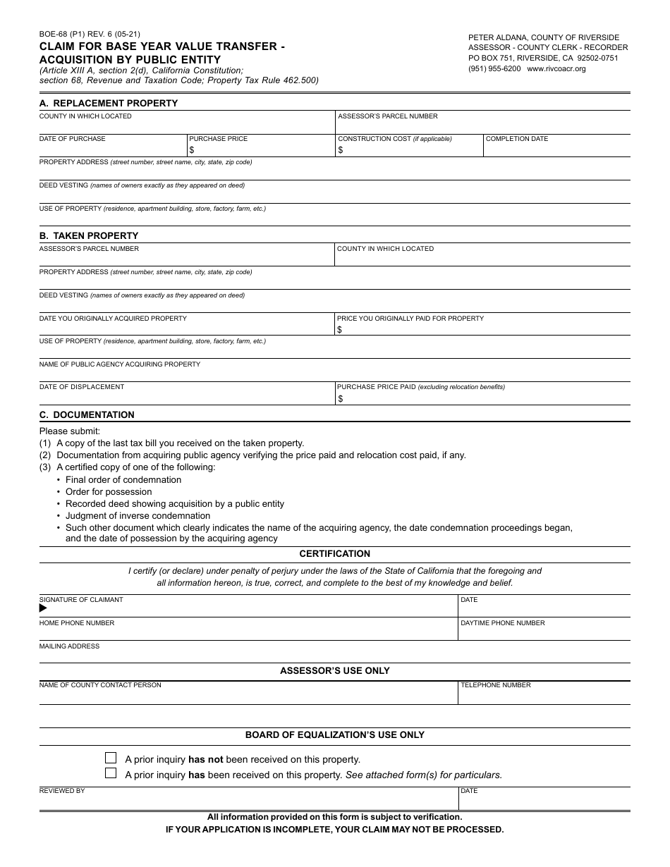 Form Boe 68 Fill Out Sign Online And Download Fillable Pdf County Of Riverside California 3704