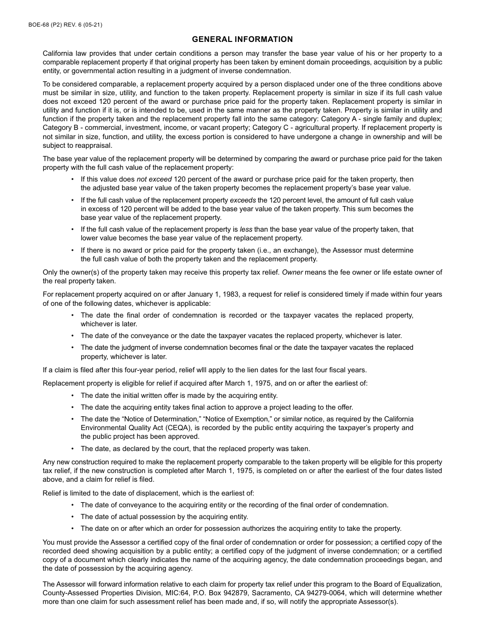 Form BOE-68 Claim for Base Year Value Transfer - Acquisition by Public Entity - County of Riverside, California, Page 2