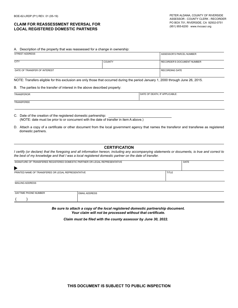 Form BOE-62-LRDP Claim for Reassessment Reversal for Local Registered Domestic Partners - County of Riverside, California, Page 1