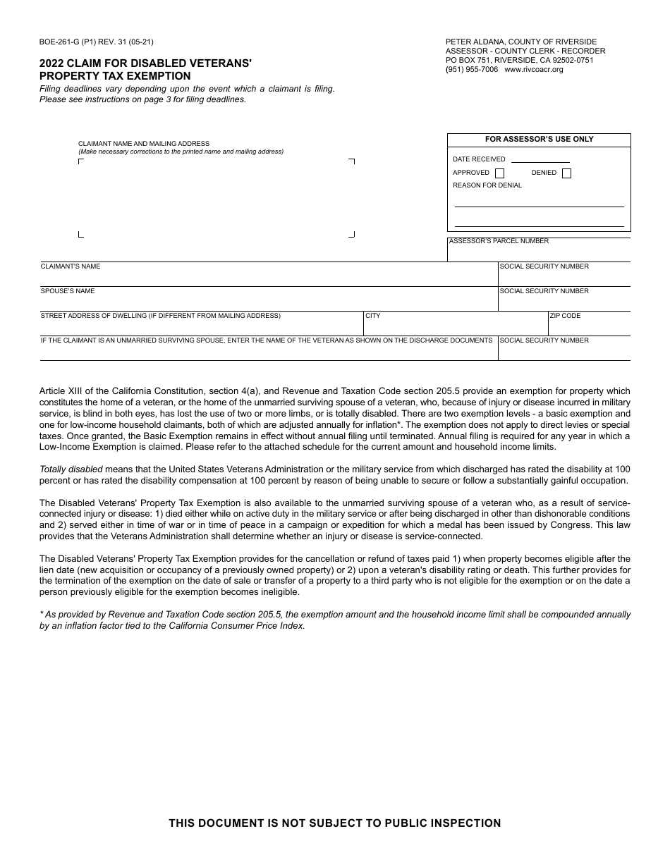 Form BOE-261-G Claim for Disabled Veterans Property Tax Exemption - County of Riverside, California, Page 1