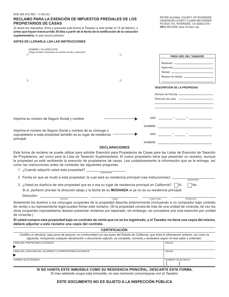 Formulario BOE-266 Reclamo Para La Exencion De Impuestos Prediales De Los Propietarios De Casas - County of Riverside, California (Spanish), Page 1