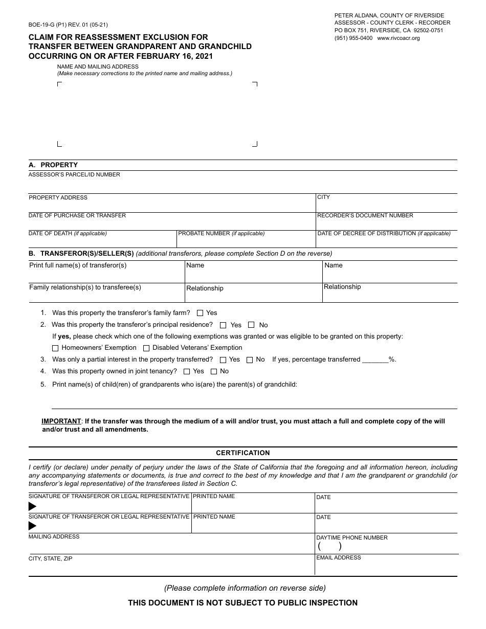 Form BOE-19-G Claim for Reassessment Exclusion for Transfer Between Grandparent and Grandchild Occurring on or After February 16, 2021 - County of Riverside, California, Page 1