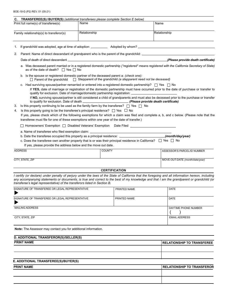 Form BOE-19-G Claim for Reassessment Exclusion for Transfer Between Grandparent and Grandchild Occurring on or After February 16, 2021 - County of Riverside, California, Page 2