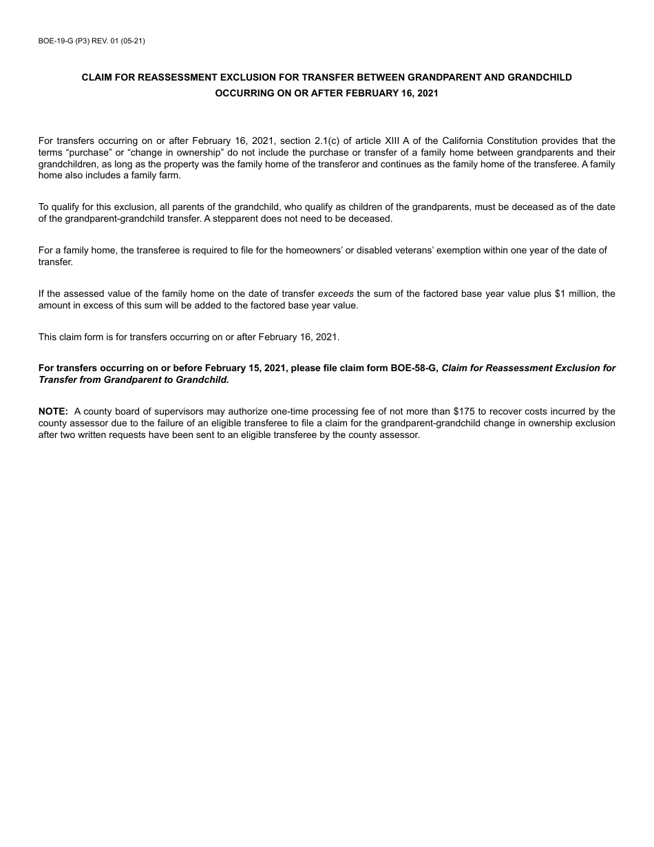 Form BOE-19-G Claim for Reassessment Exclusion for Transfer Between Grandparent and Grandchild Occurring on or After February 16, 2021 - County of Riverside, California, Page 3