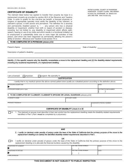 Form BOE-62-A Certificate of Disability - County of Riverside, California