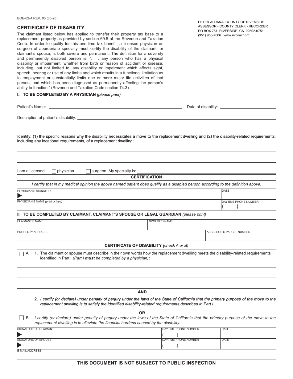 Form BOE-62-A Certificate of Disability - County of Riverside, California, Page 1