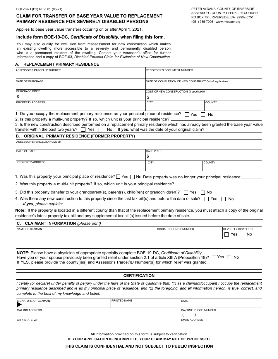 Form BOE-19-D Claim for Transfer of Base Year Value to Replacement Primary Residence for Severely Disabled Persons - County of Riverside, California, Page 1