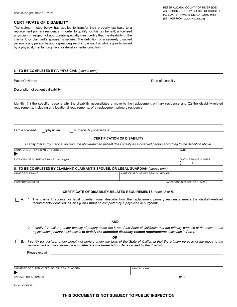 Form BOE-19-DC Certificate of Disability - County of Riverside, California, Page 1