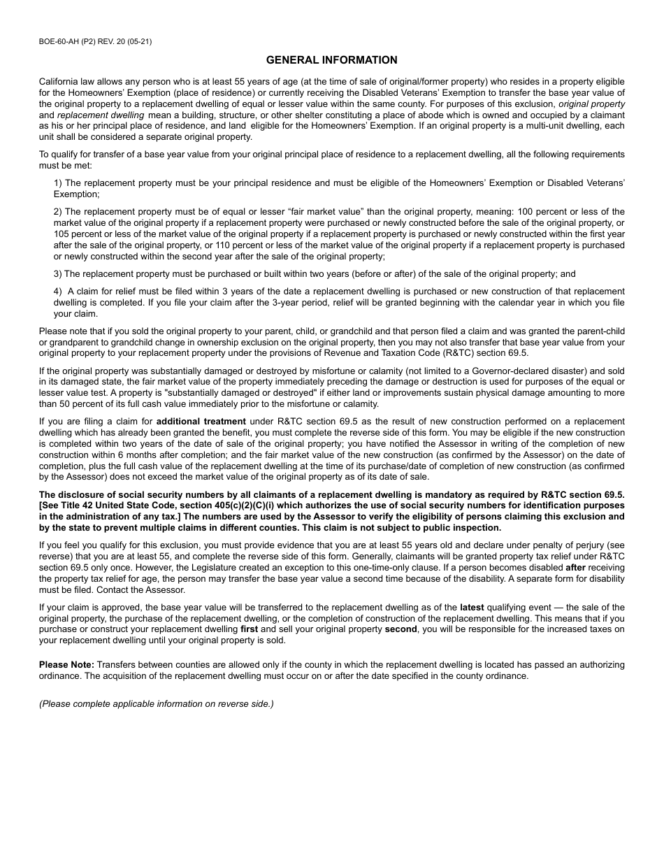 Form BOE-60-AH Claim of Person(s) at Least 55 Years of Age for Transfer of Base Year Value to Replacement Dwelling - County of Riverside, California, Page 2