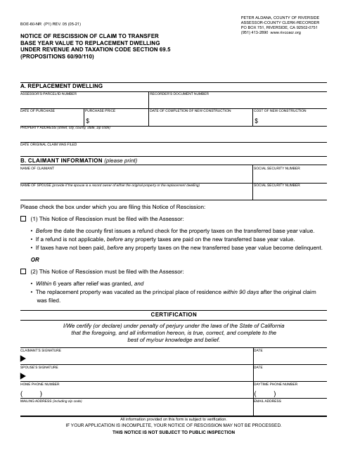 Form BOE-60-NR Notice of Rescission of Claim to Transfer Base Year Value to Replacement Dwelling Under Revenue and Taxation Code Section 69.5 (Propositions 60/90/110) - County of Riverside, California