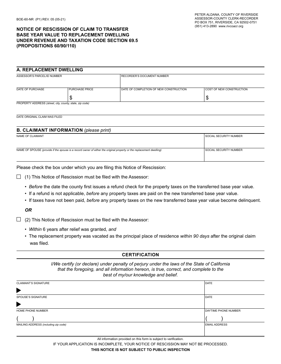 Form Boe 60 Nr Fill Out Sign Online And Download Fillable Pdf County Of Riverside 3023