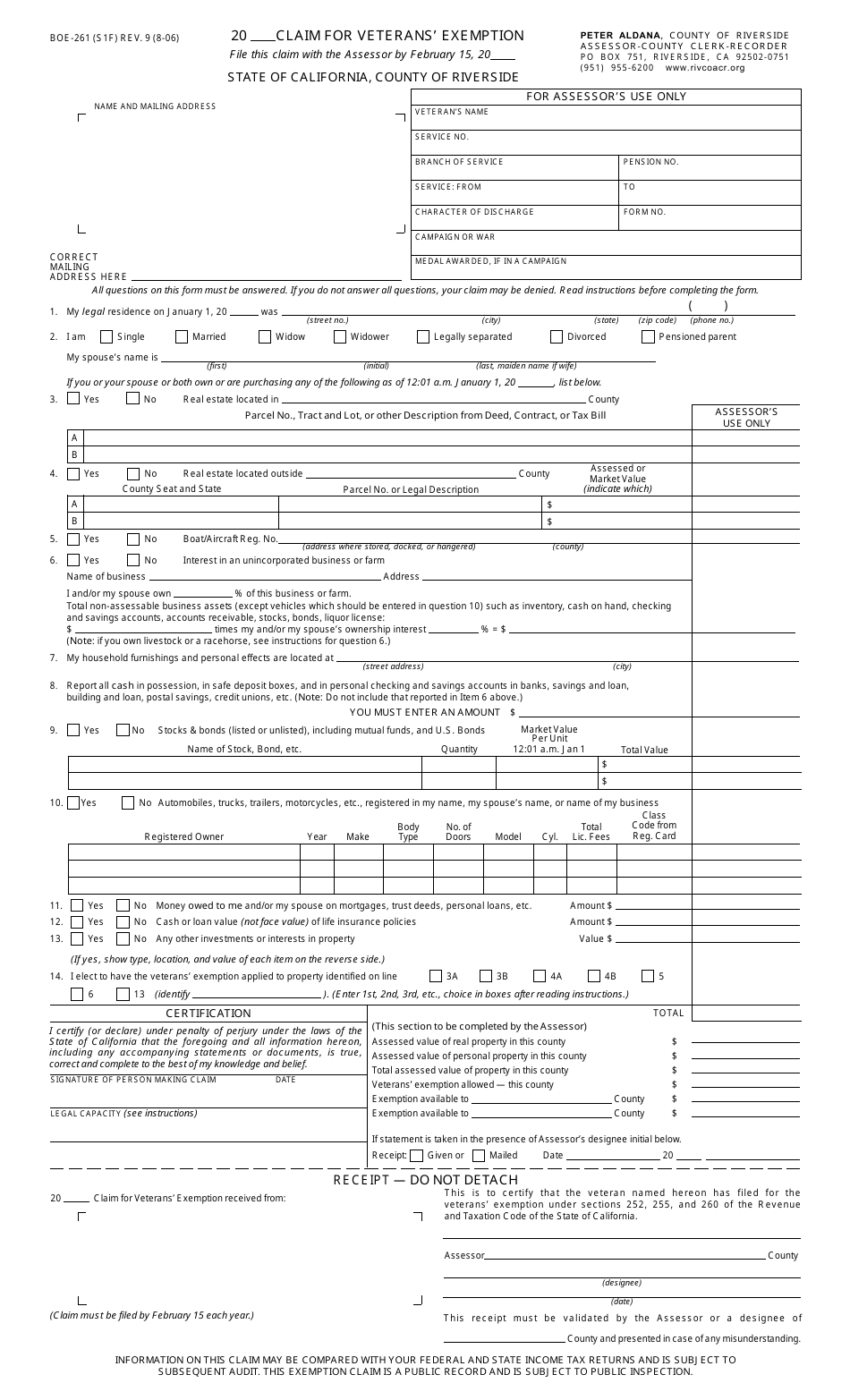 Form BOE-261 Claim for Veterans Exemption - County of Riverside, California, Page 1