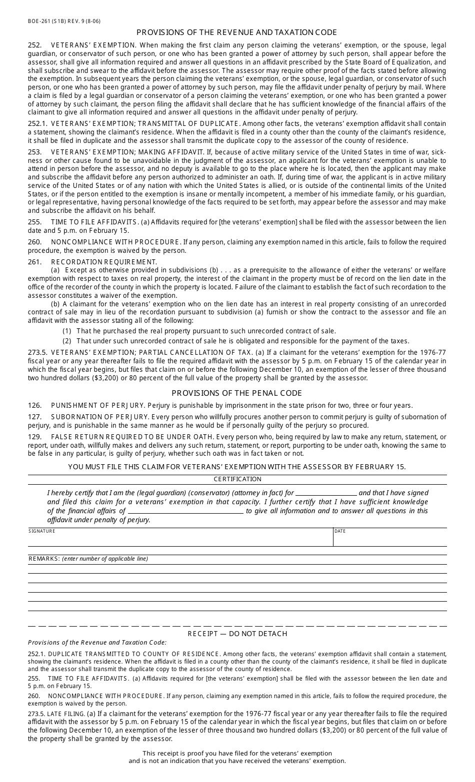 Form Boe 261 Fill Out Sign Online And Download Fillable Pdf County Of Riverside California 2264