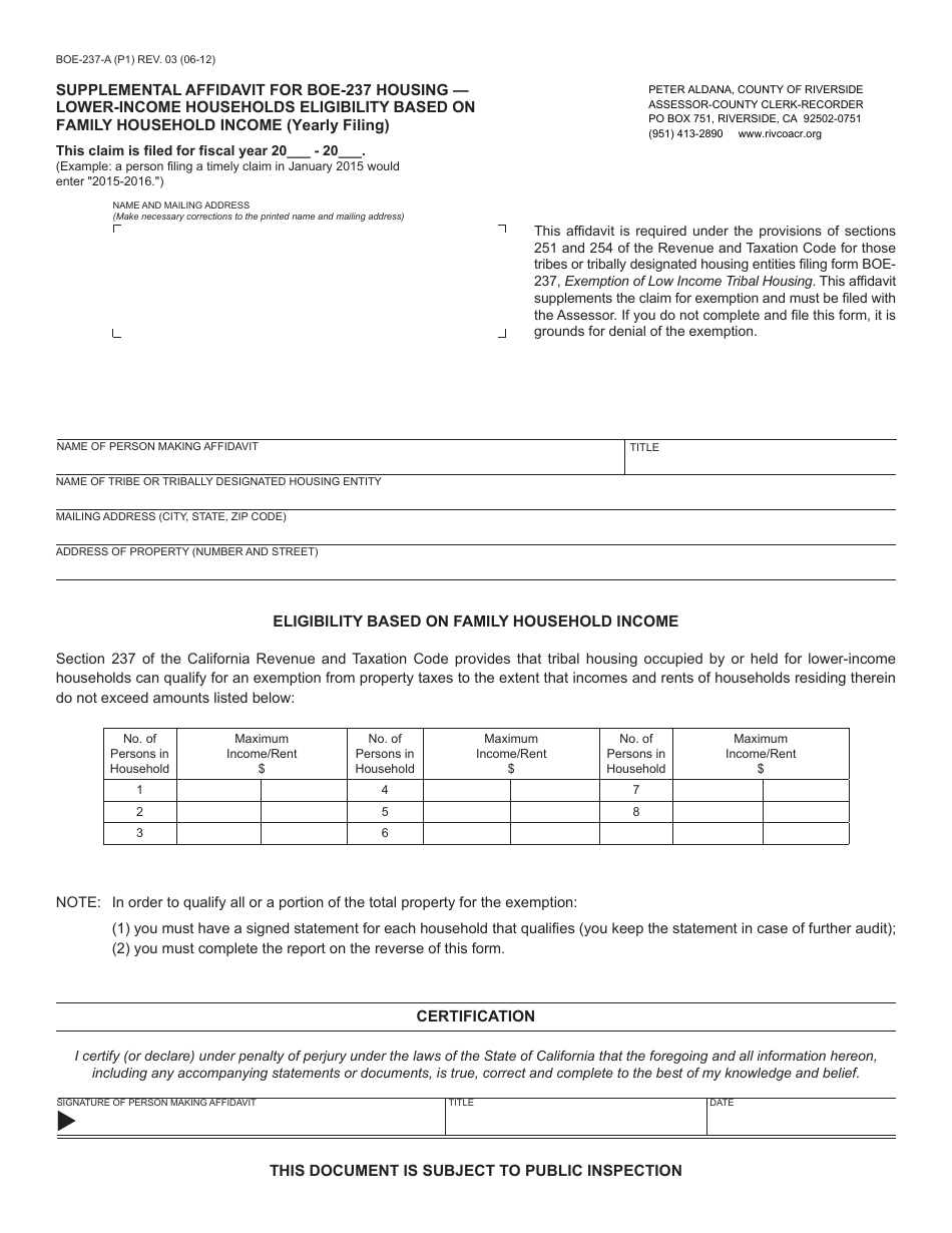 Form BOE-237-A Supplemental Affidavit for Boe-237 Housing - Lower-Income Households Eligibility Based on Family Household Income (Yearly Filing) - County of Riverside, California, Page 1