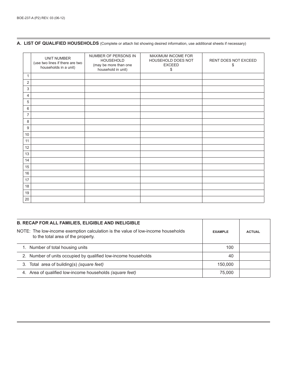 Form BOE-237-A Supplemental Affidavit for Boe-237 Housing - Lower-Income Households Eligibility Based on Family Household Income (Yearly Filing) - County of Riverside, California, Page 2