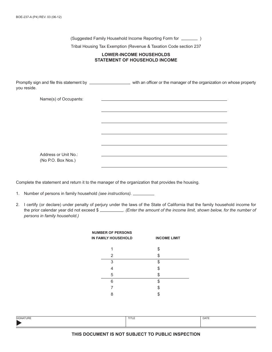 Form BOE-237-A Supplemental Affidavit for Boe-237 Housing - Lower-Income Households Eligibility Based on Family Household Income (Yearly Filing) - County of Riverside, California, Page 4