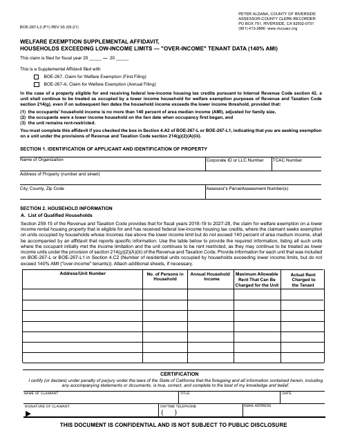 Form BOE-267-L3 Welfare Exemption Supplemental Affidavit, Households Exceeding Low-Income Limits - "over-Income" Tenant Data (140% Ami) - County of Riverside, California