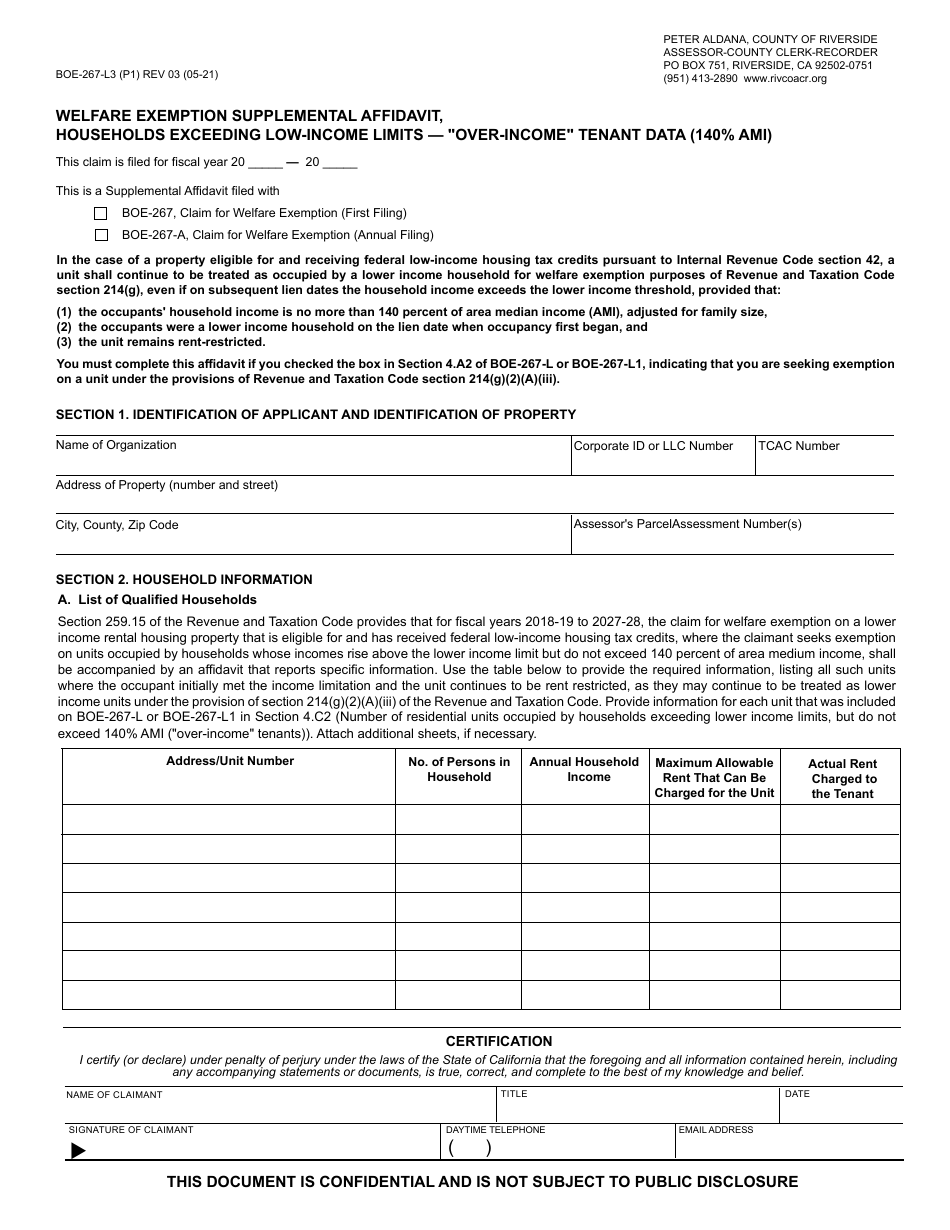 Form BOE-267-L3 Welfare Exemption Supplemental Affidavit, Households Exceeding Low-Income Limits - over-Income Tenant Data (140% Ami) - County of Riverside, California, Page 1