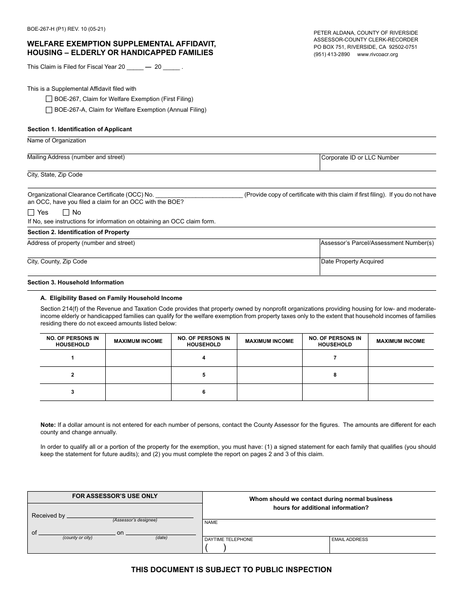 Form BOE-267-H Welfare Exemption Supplemental Affidavit, Housing - Elderly or Handicapped Families - County of Riverside, California, Page 1