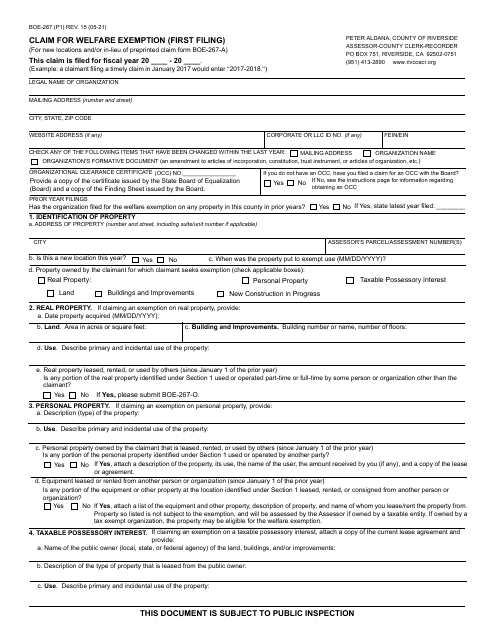 Form BOE-267 Claim for Welfare Exemption (First Filing) - County of Riverside, California