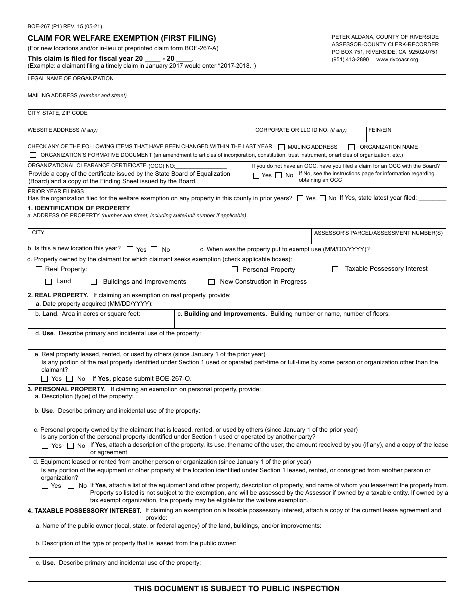 Form BOE-267 Claim for Welfare Exemption (First Filing) - County of Riverside, California, Page 1