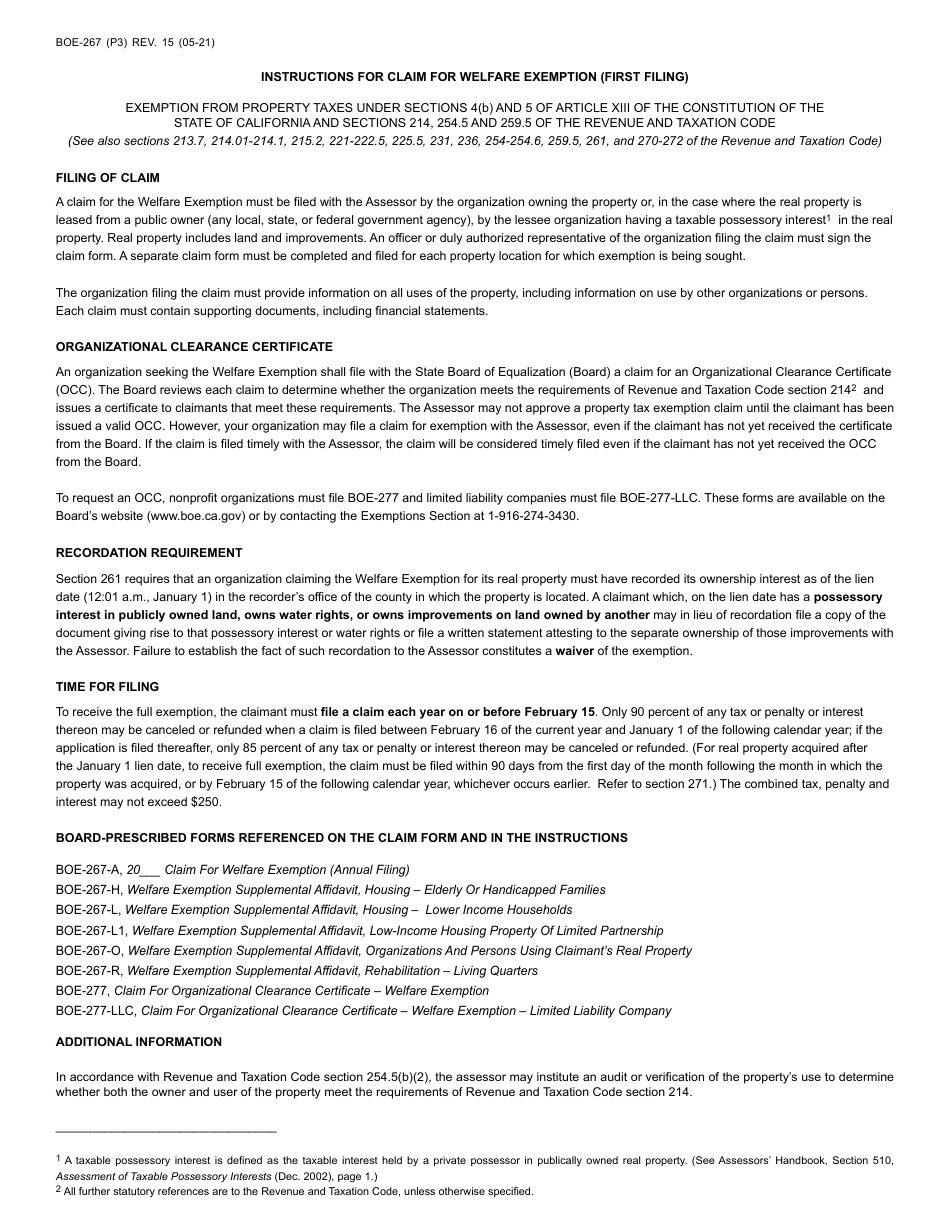 Form BOE-267 Claim for Welfare Exemption (First Filing) - County of Riverside, California, Page 3