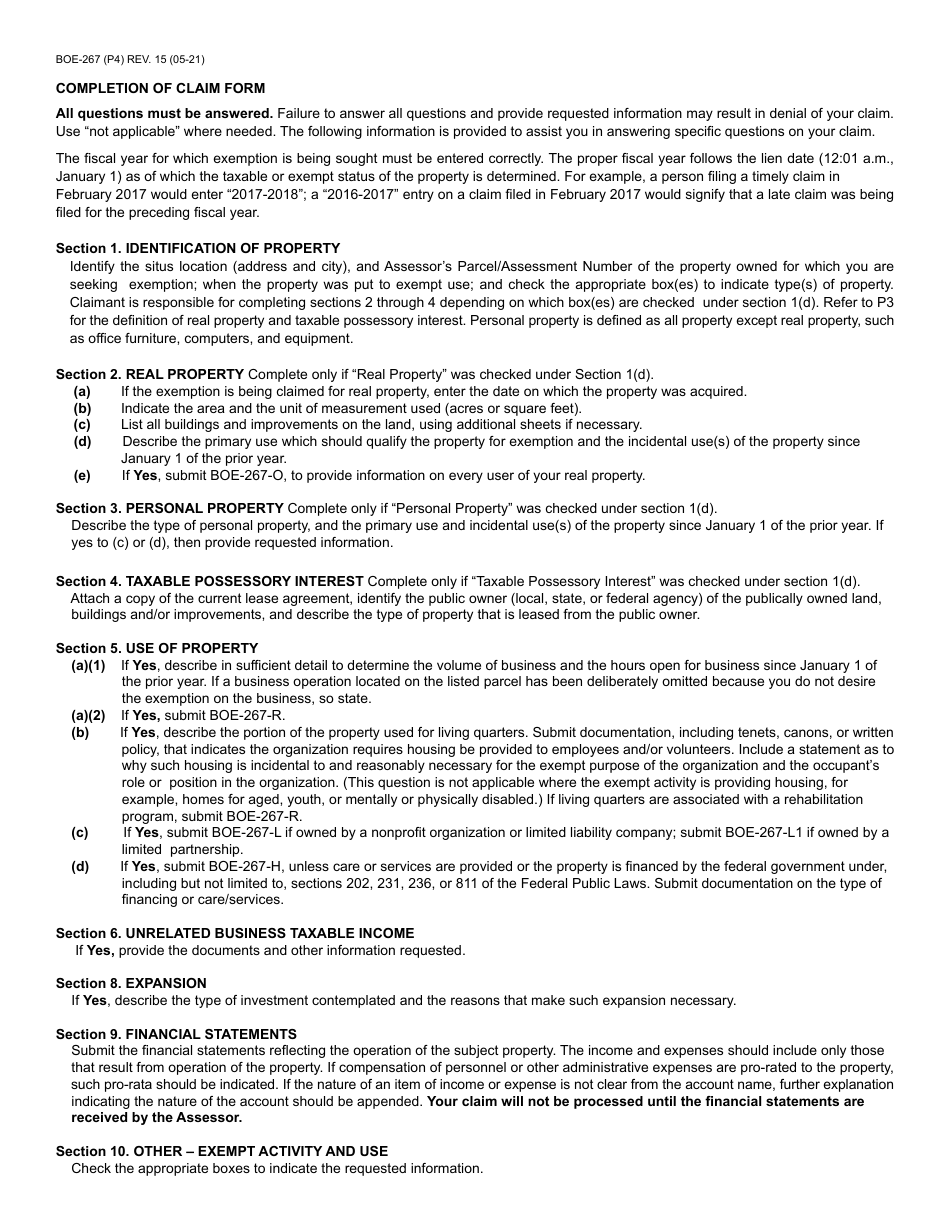 Form BOE-267 Claim for Welfare Exemption (First Filing) - County of Riverside, California, Page 4