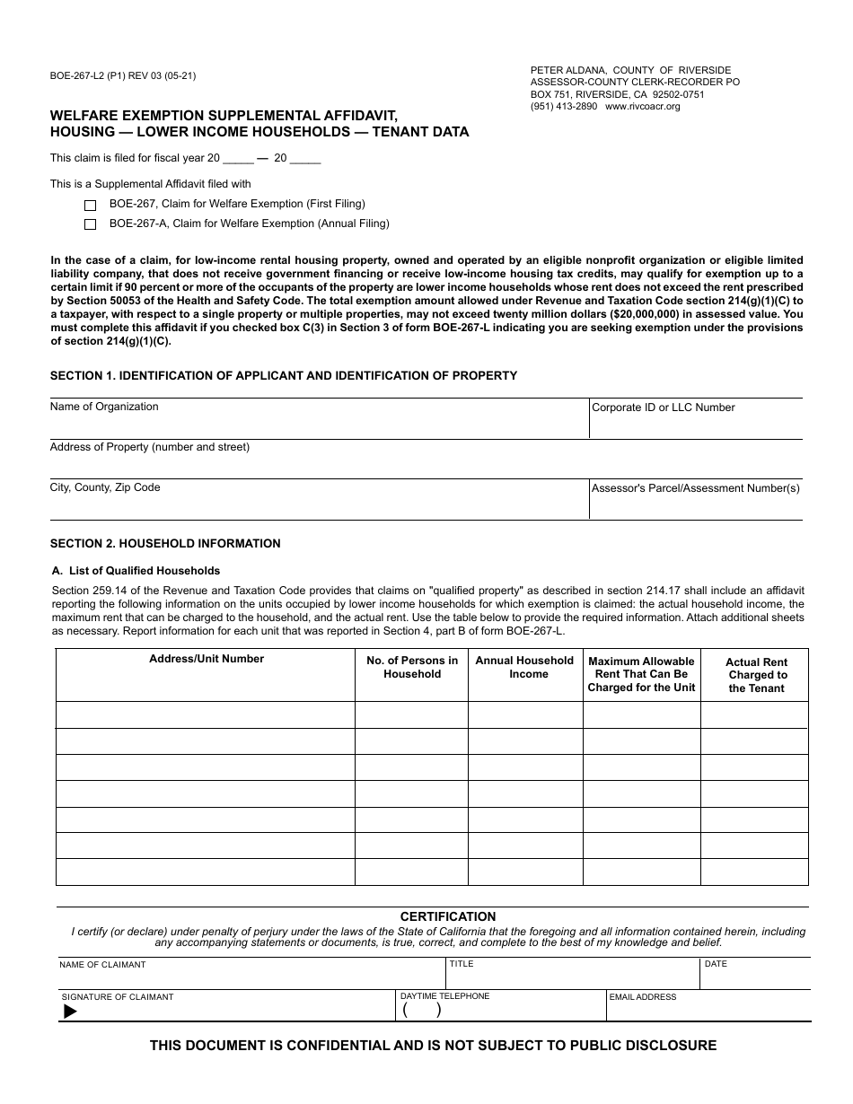 Form BOE-267-L2 Welfare Exemption Supplemental Affidavit, Housing - Lower Income Households - Tenant Data - County of Riverside, California, Page 1